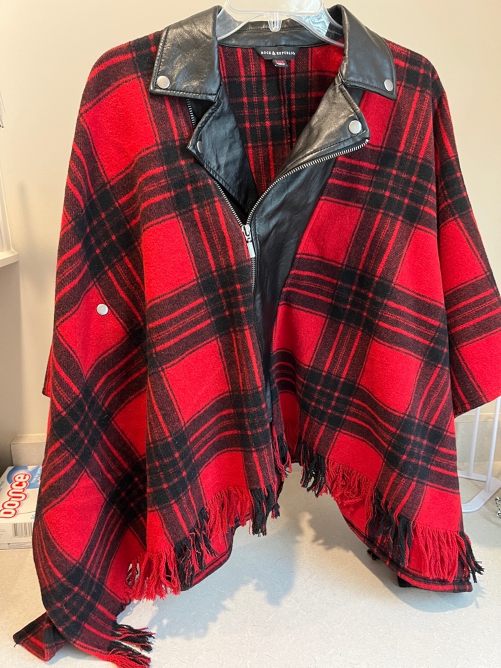 Rock & Republic Red and Black Plaid Moto Poncho